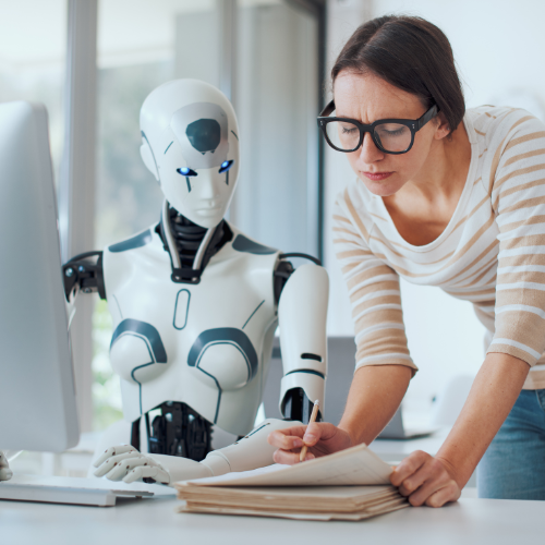 Robot and lady writing together